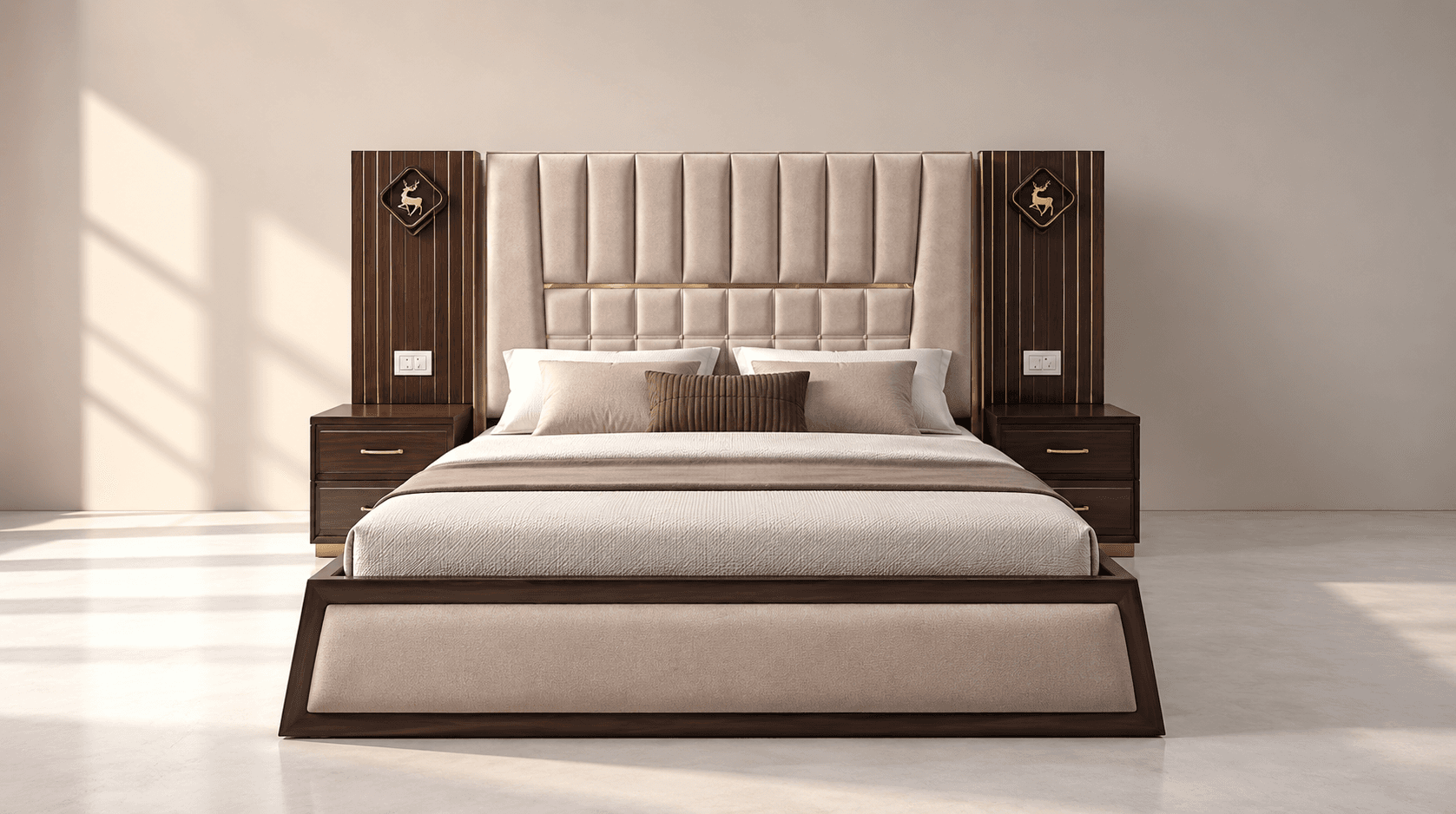 Modern upholstered bed in a bright bedroom