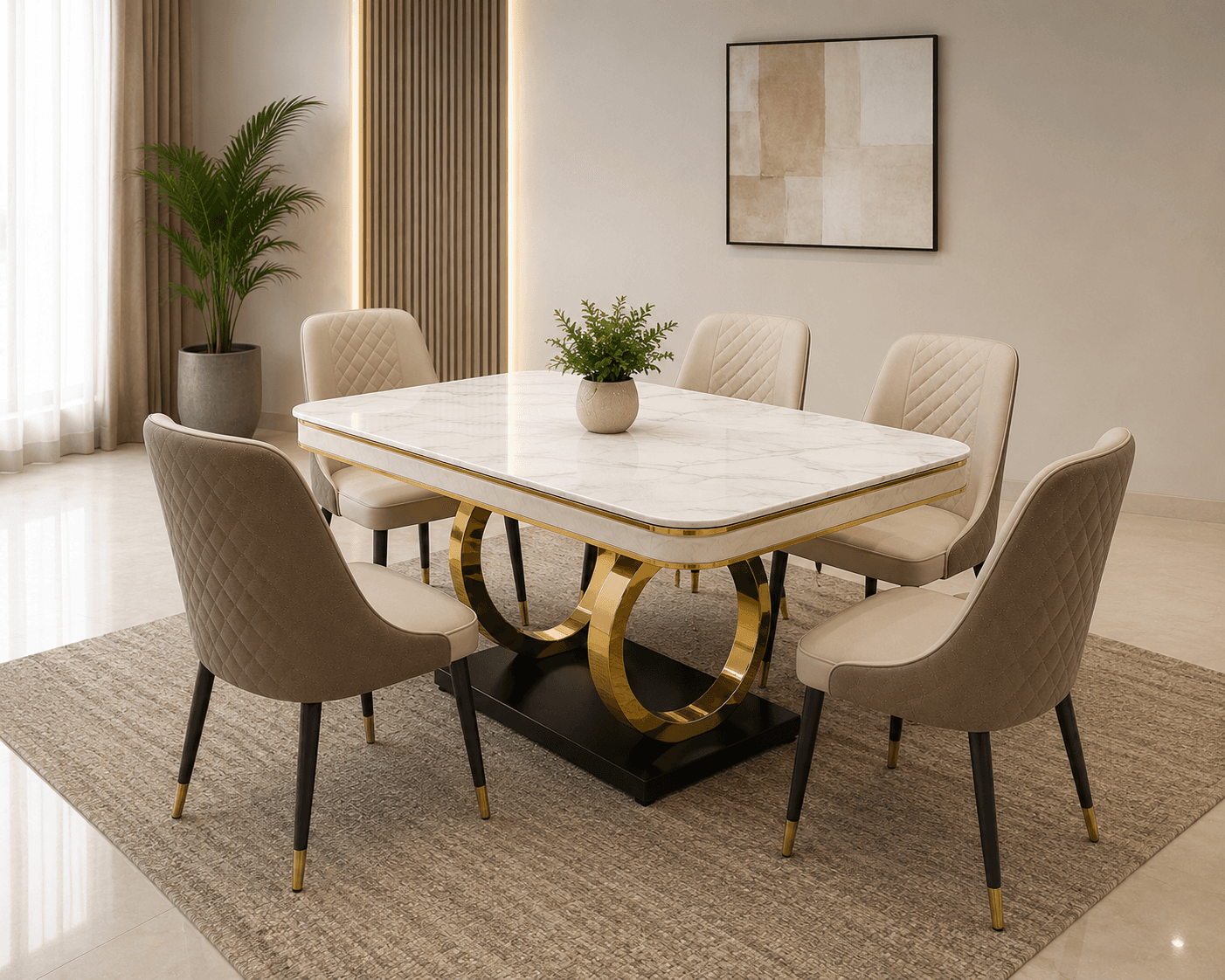 Marble-top dining table with gold accents
